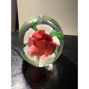 Vintage Lampwork Glass Paperweight, Encased Flower